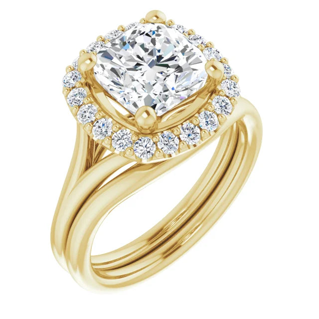 Cushion Yellow Gold Halo Solitaire Split Band Lab Diamond Engagement Ring