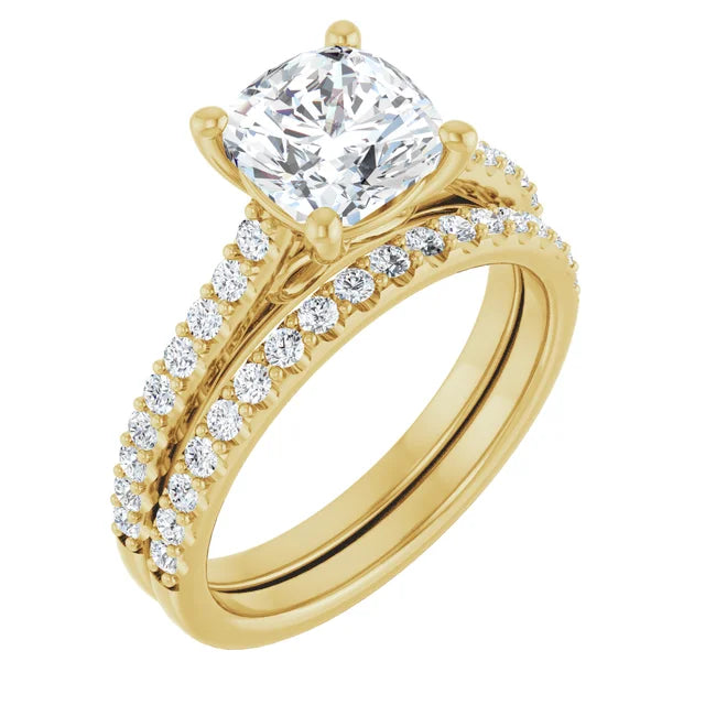 Cushion Yellow Gold Pave Style Lab Diamond Engagement Ring