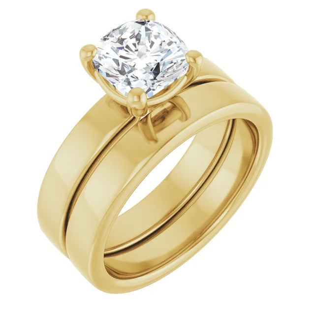 Cushion Yellow Gold Wide Band Solitaire Engagement Ring