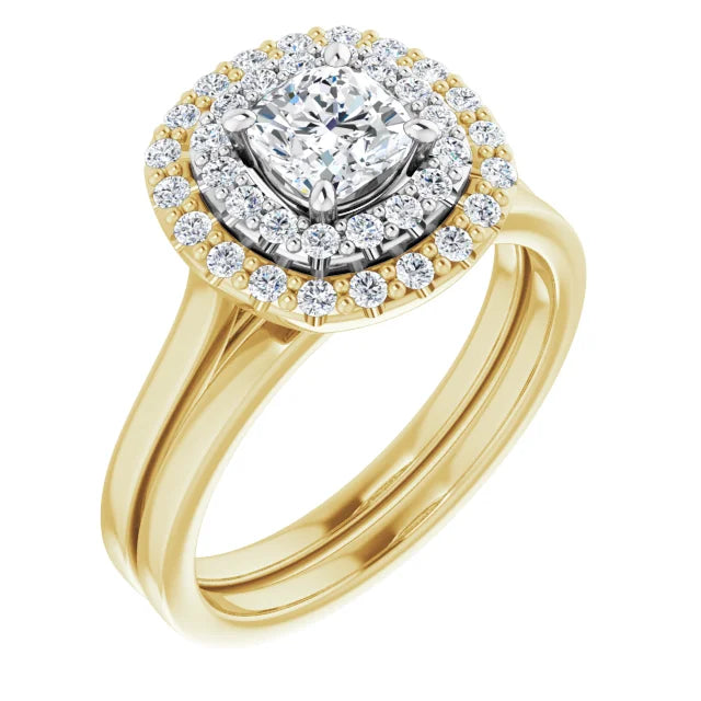 Cushion White & Yellow Gold Double Halo Solitaire Lab Diamond Engagement Ring