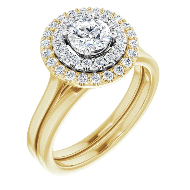 Round Brilliant White & Yellow Gold Double Halo Solitaire Lab Diamond Engagement Ring