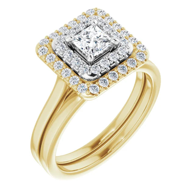 Princess White & Yellow Gold Double Halo Solitaire Lab Diamond Engagement Ring