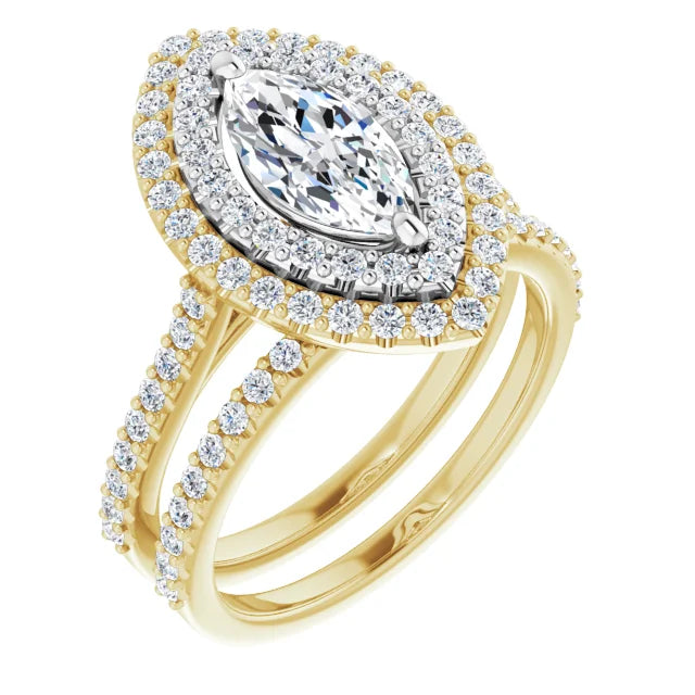 Marquise Double Halo White & Yellow Gold Lab Diamond Engagement Ring