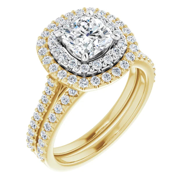 Cushion Double Halo White & Yellow Gold Lab Diamond Engagement Ring