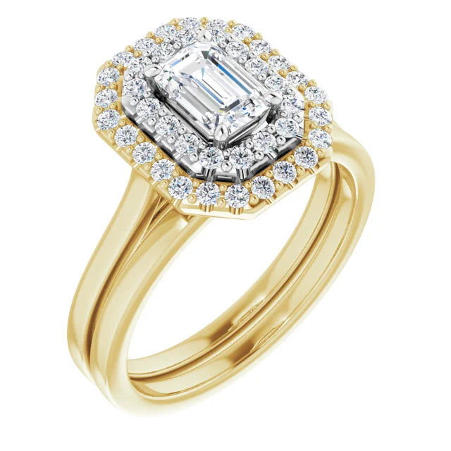 Emerald White & Yellow Gold Double Halo Solitaire Lab Diamond Engagement Ring