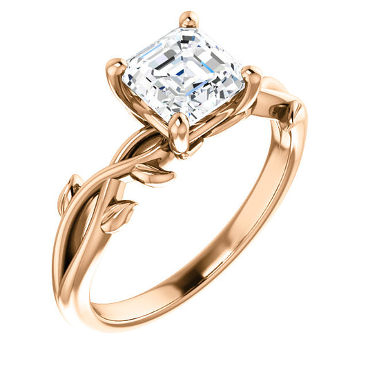 Asscher Solitaire Leaf Design Engagement Ring