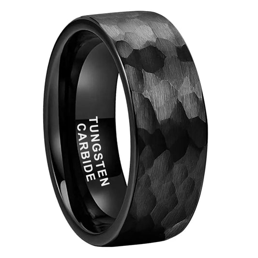 Tungsten Black Hammer Patterned Brushed Men's Ring