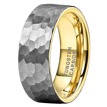 Tungsten Yellow & Silver Hammer Patterned Brushed Men's Ring