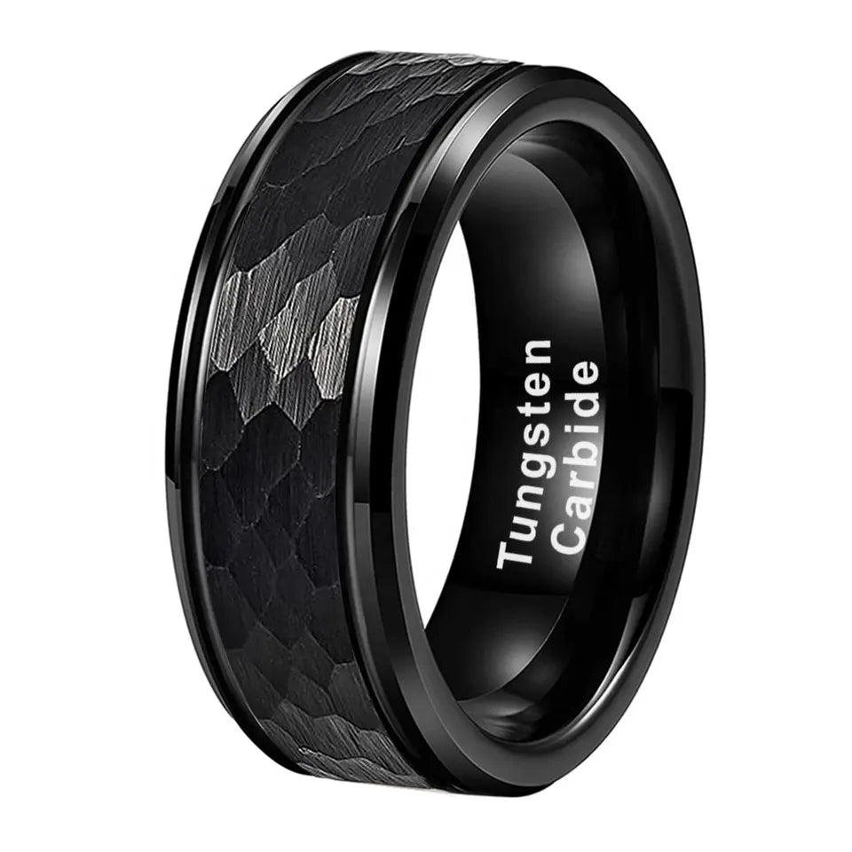 Tungsten Black Hammer Patterned Brushed Men's Ring