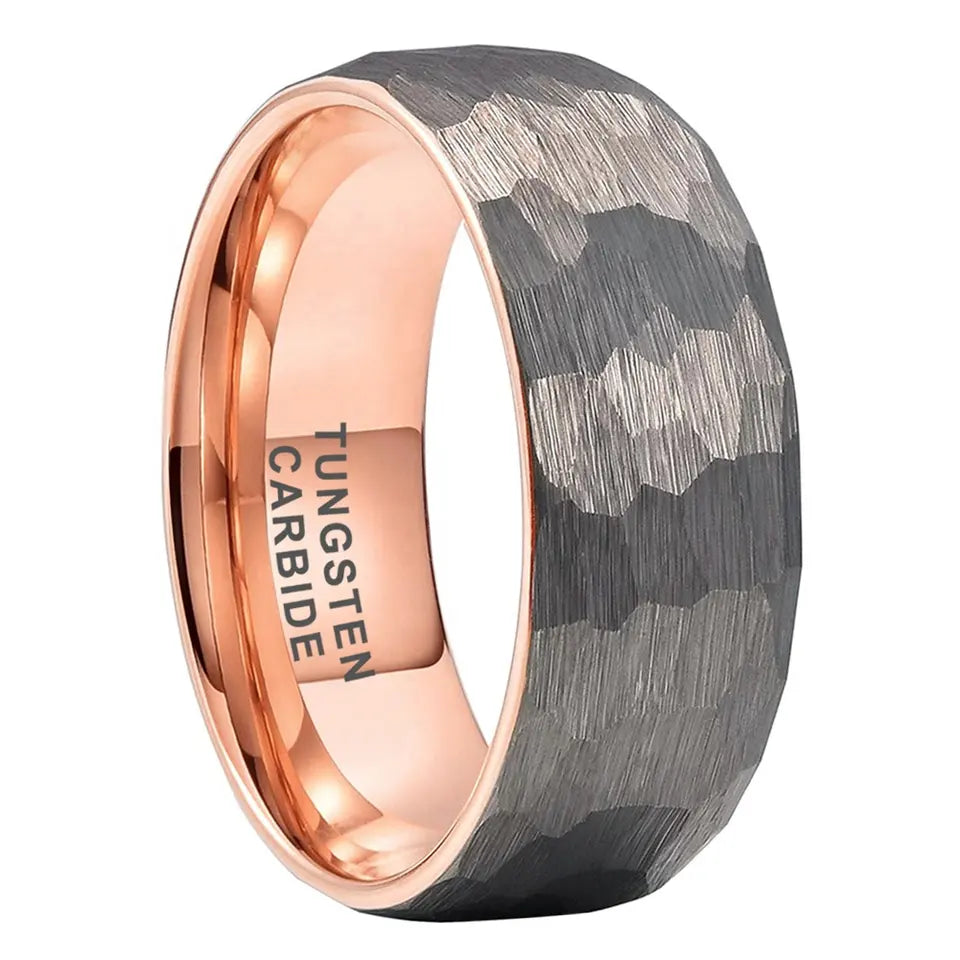 Tungsten Rose & Silver Hammer Patterned Brushed Men's Ring