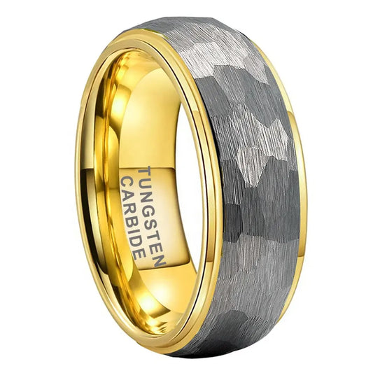 Tungsten Yellow & Silver Hammer Patterned Brushed Men's Ring