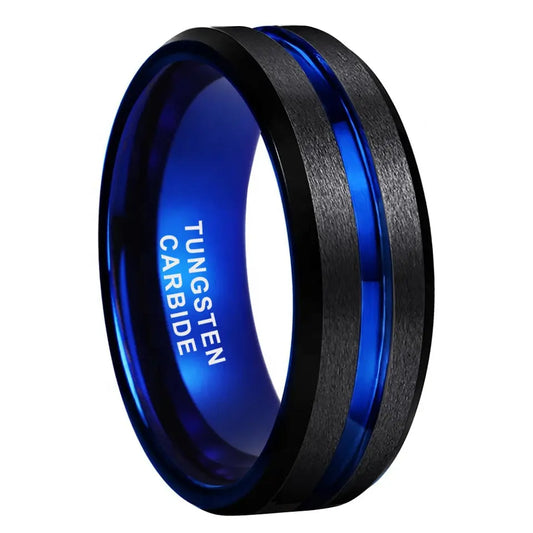 Tungsten Blue & Black Brushed Mens Ring