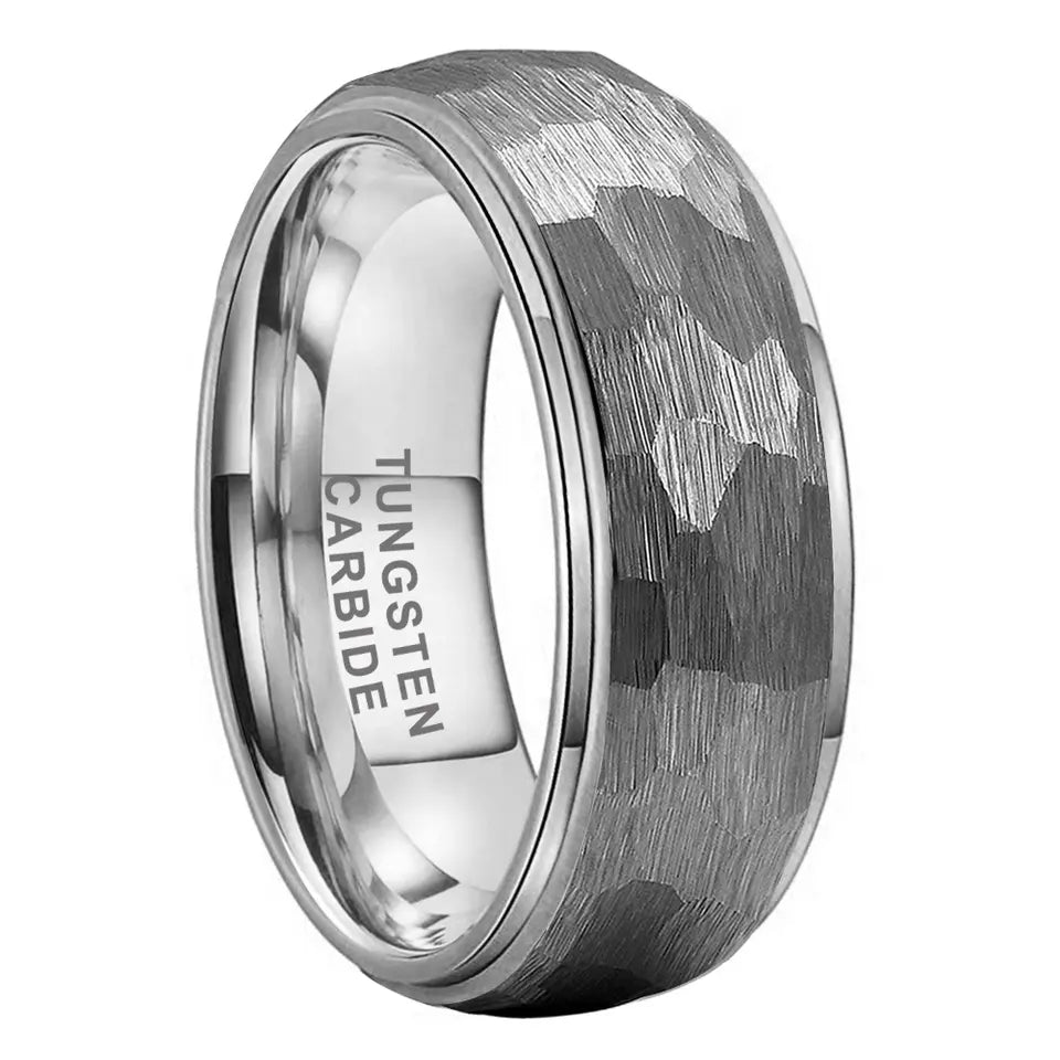 Tungsten Silver Hammer Patterned Brushed Men's Ring