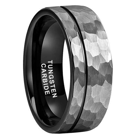 Tungsten Black & Silver Hammer Patterned Brushed Men's Ring