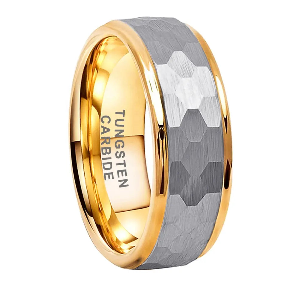 Tungsten Yellow & Silver Hammer Patterned Brushed Men's Ring