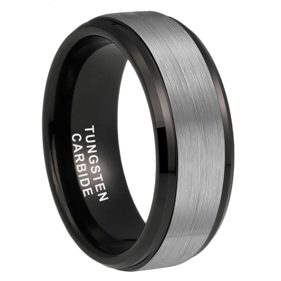 Tungsten Black & Silver Brushed & Polished Mens Ring