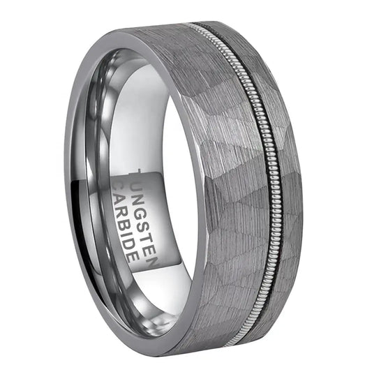 Tungsten Silver Hammer Patterned Brushed Men's Ring