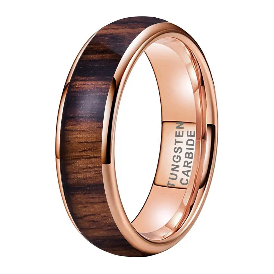 Tungsten Rose & Wood Inlay Mens Ring