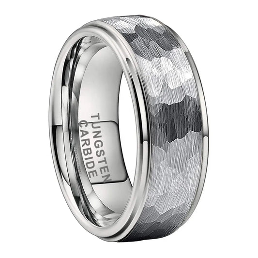 Tungsten Silver Hammer Patterned Brushed Men's Ring