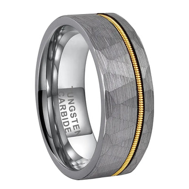 Tungsten Silver & Yellow Hammer Patterned Brushed Men's Ring