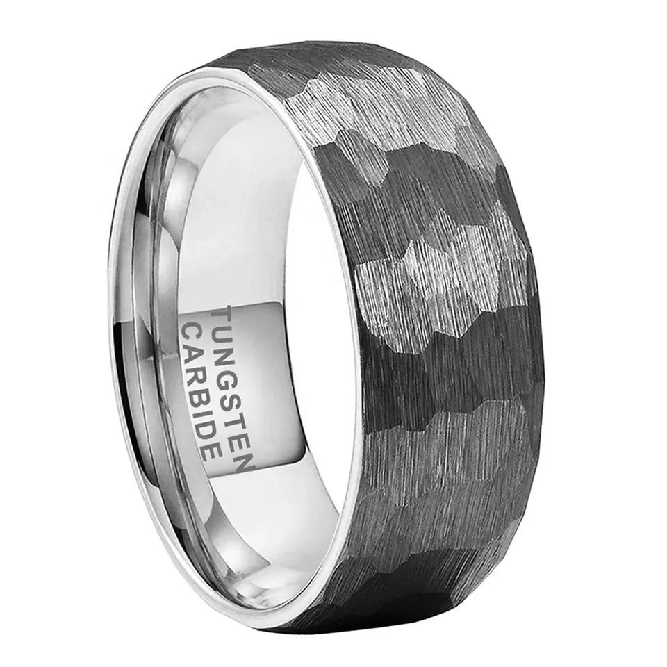 Tungsten Silver Hammer Patterned Brushed Men's Ring