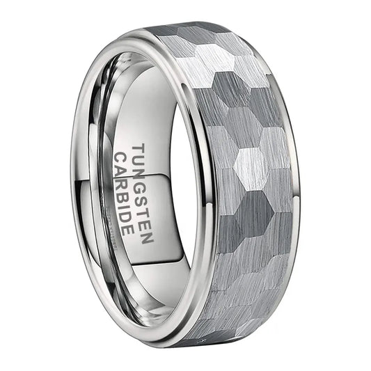 Tungsten Silver Hammer Patterned Brushed Men's Ring