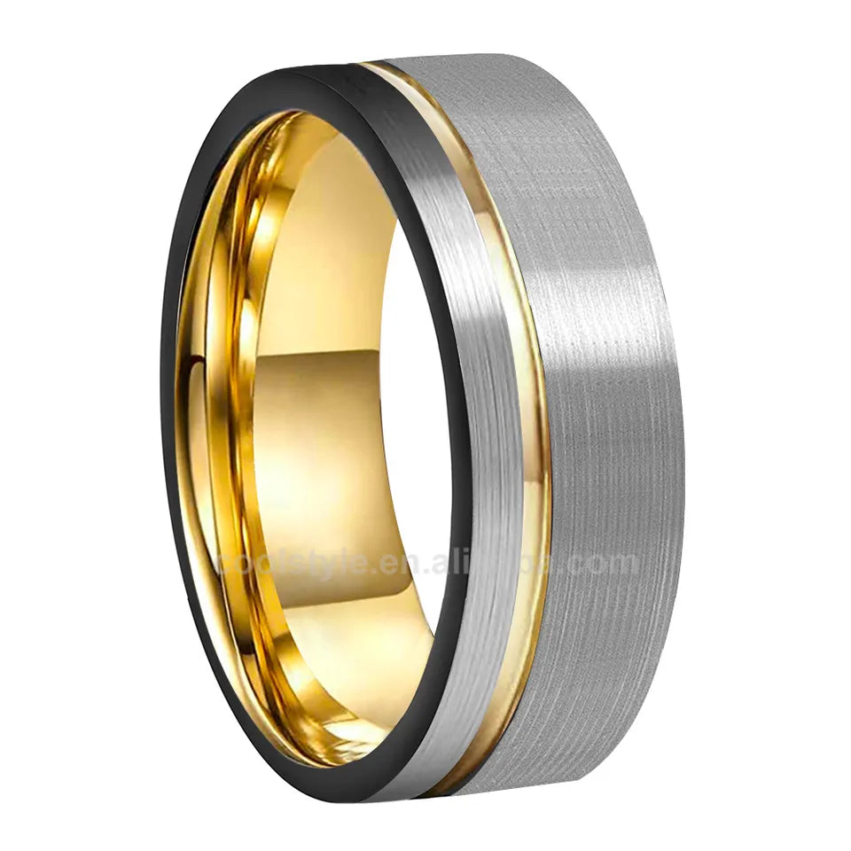 Tungsten Yellow & Silver Brushed & Polished Mens Ring