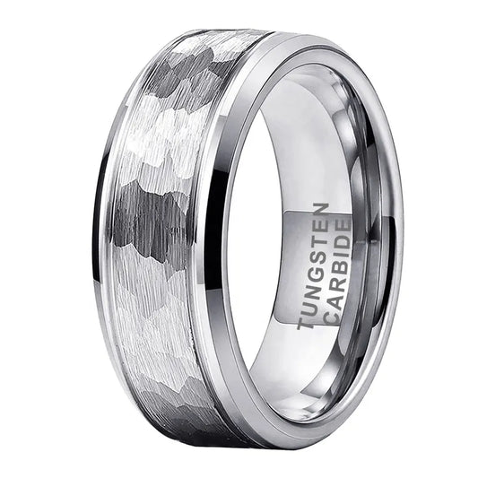 Tungsten Silver Hammer Patterned Brushed Men's Ring