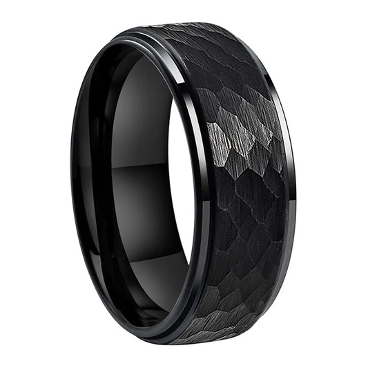 Tungsten Black Hammer Patterned Brushed Men's Ring