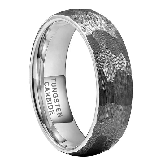 Tungsten Silver Hammer Patterned Brushed Men's Ring