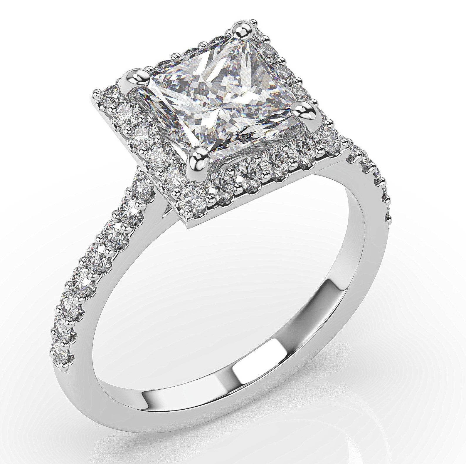 Princess White Gold Halo Style Engagement Ring 