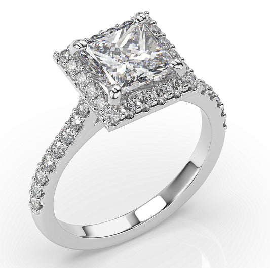 Princess White Gold Halo Style Engagement Ring 