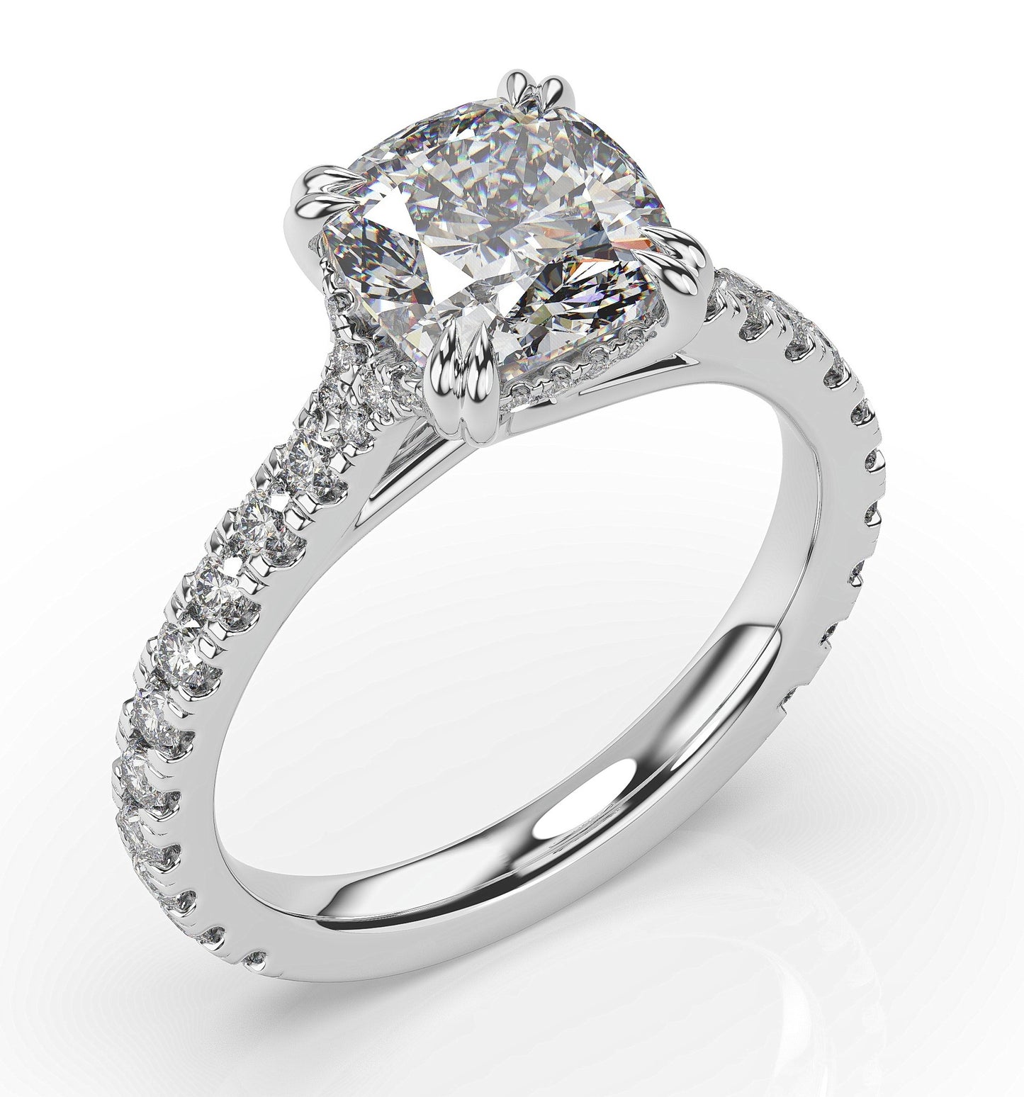 Cushion White Gold Claw Set Hidden Halo Style Engagement Ring