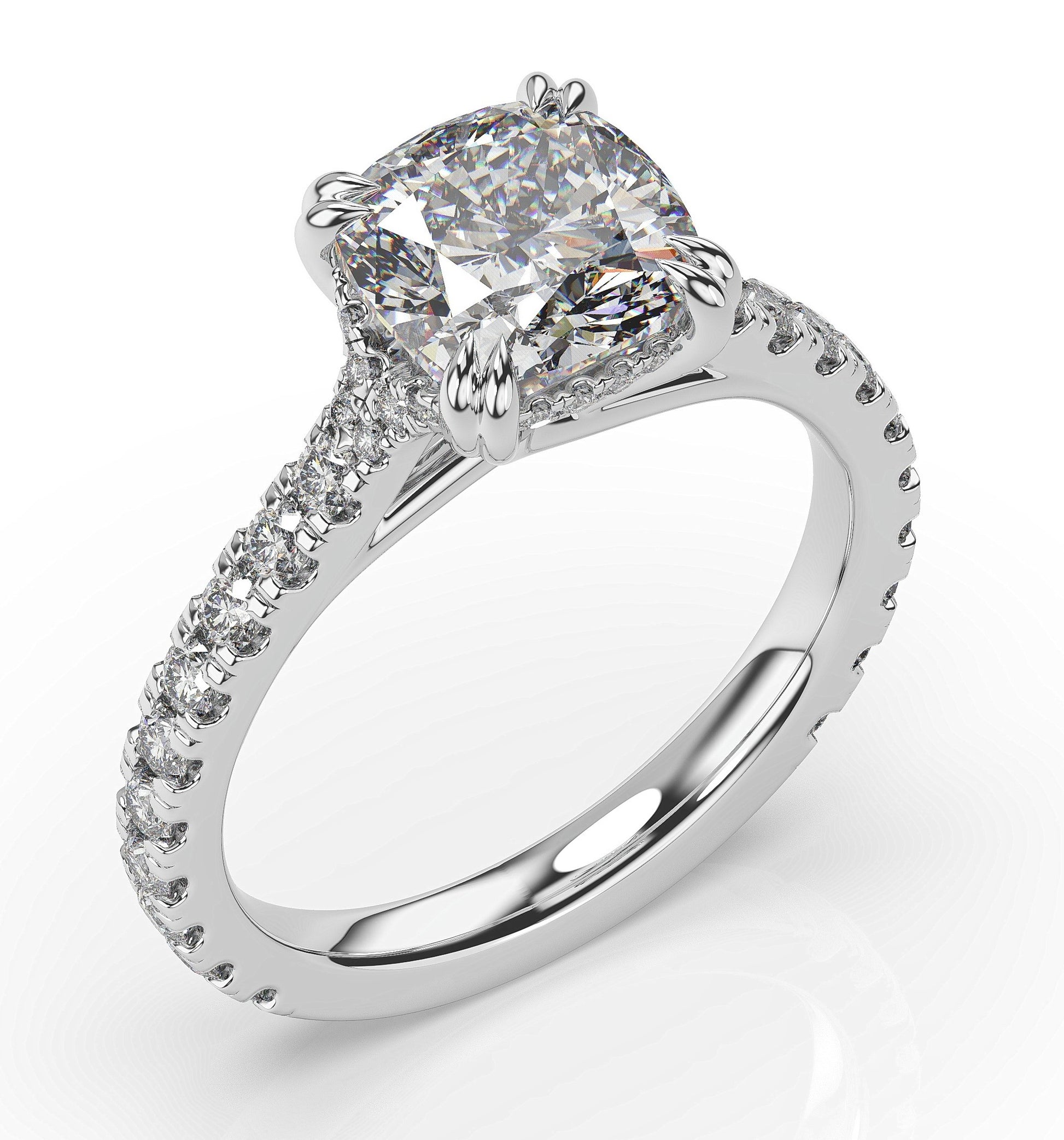 Cushion White Gold Claw Set Hidden Halo Style Engagement Ring