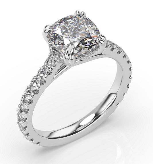 Cushion White Gold Claw Set Hidden Halo Style Engagement Ring