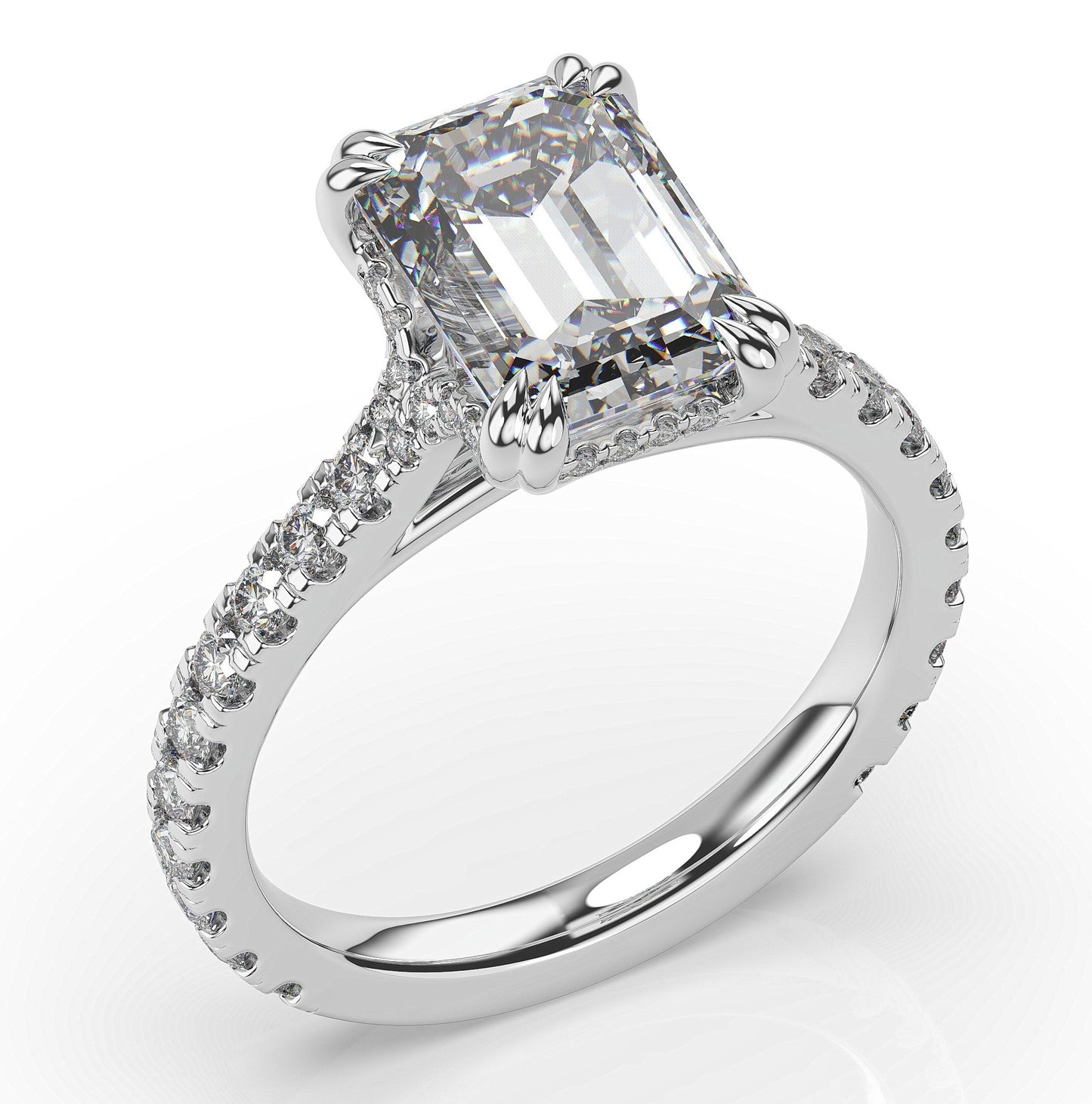 Emerald White Gold Claw Set Hidden Halo Style Engagement Ring