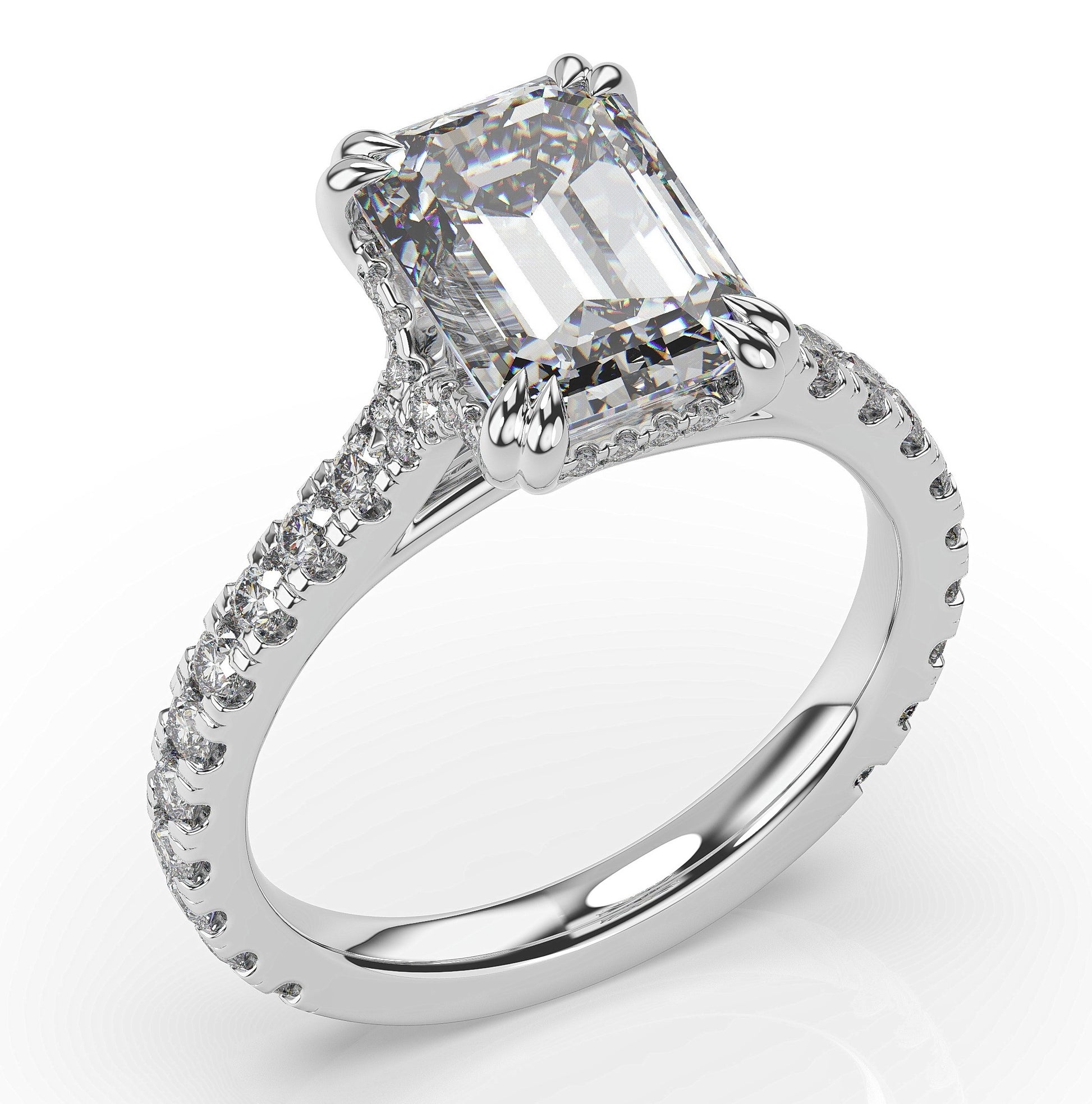 Emerald White Gold Claw Set Hidden Halo Style Engagement Ring