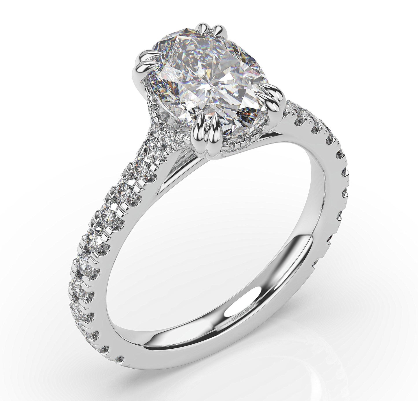 Oval White Gold Claw Set Hidden Halo Style Engagement Ring