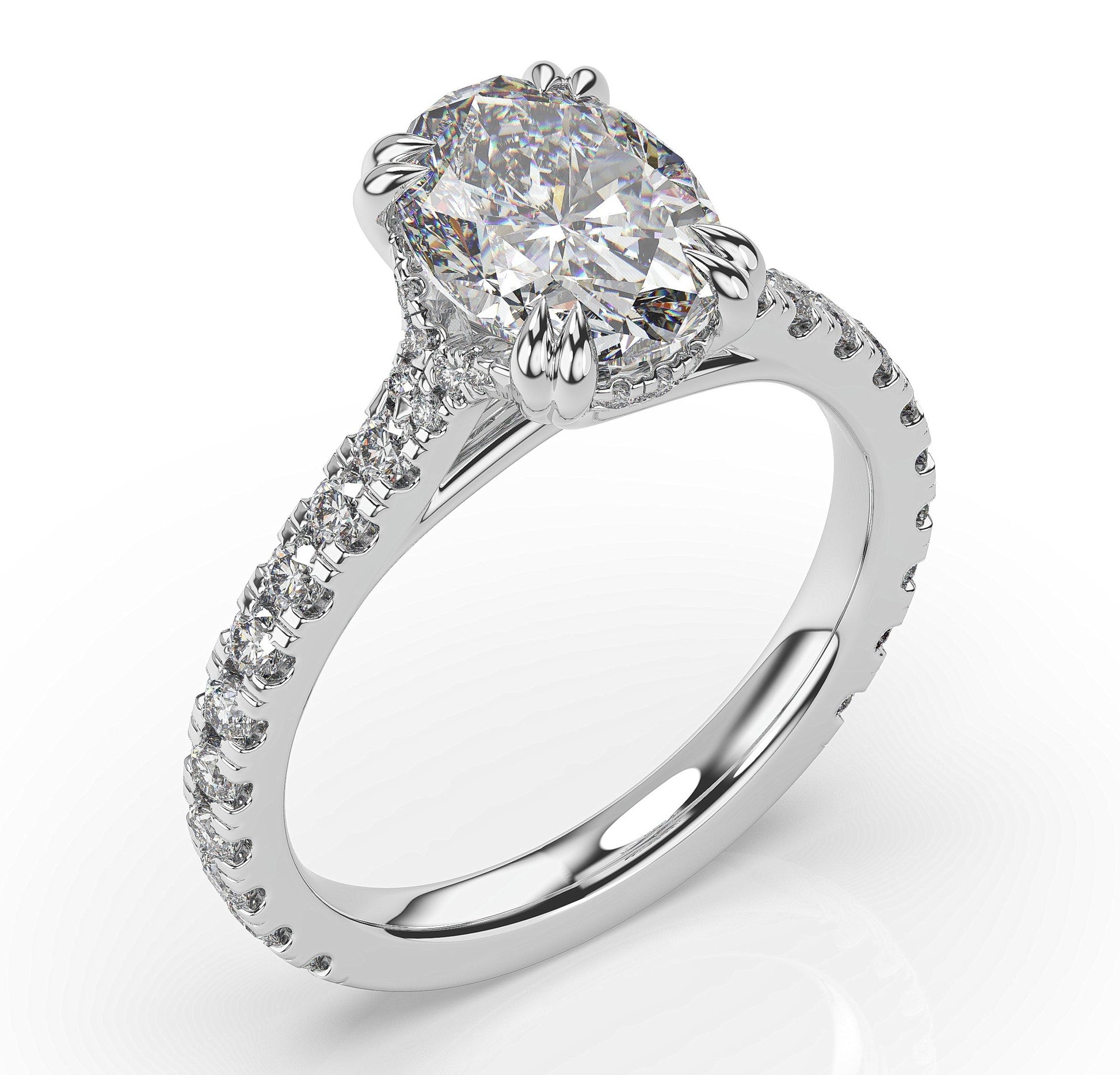 Oval White Gold Claw Set Hidden Halo Style Engagement Ring