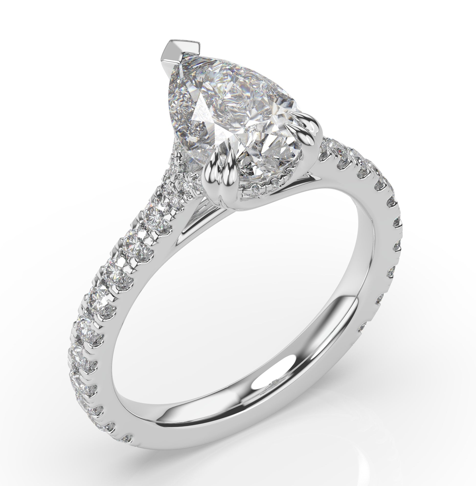 Pear White Gold Claw Set Hidden Halo Style Engagement Ring