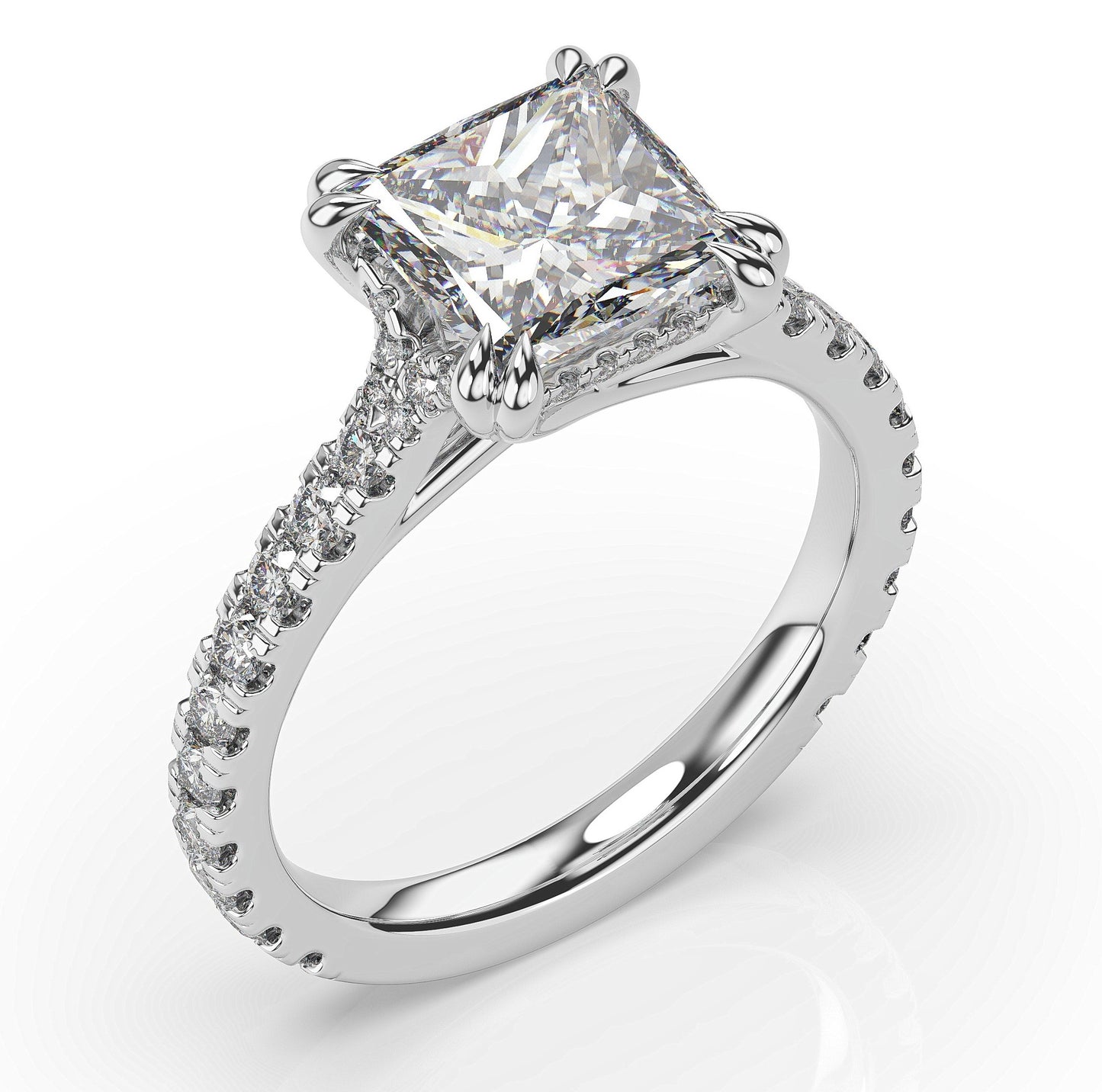Princess White Gold Claw Set Hidden Halo Style Engagement Ring
