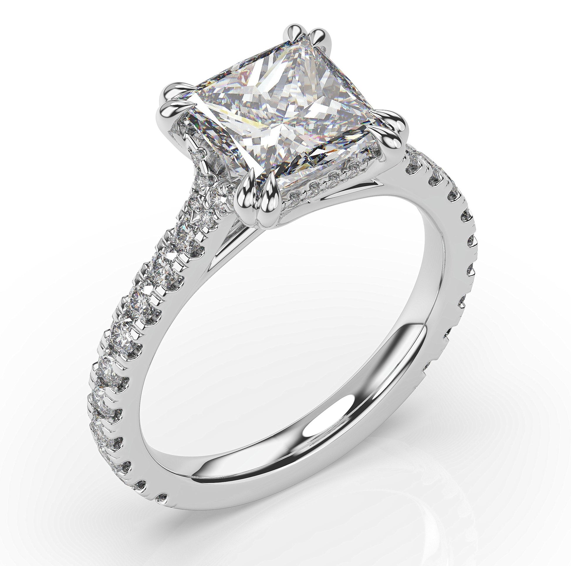 Princess White Gold Claw Set Hidden Halo Style Engagement Ring