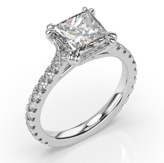 Princess White Gold Claw Set Hidden Halo Style Engagement Ring