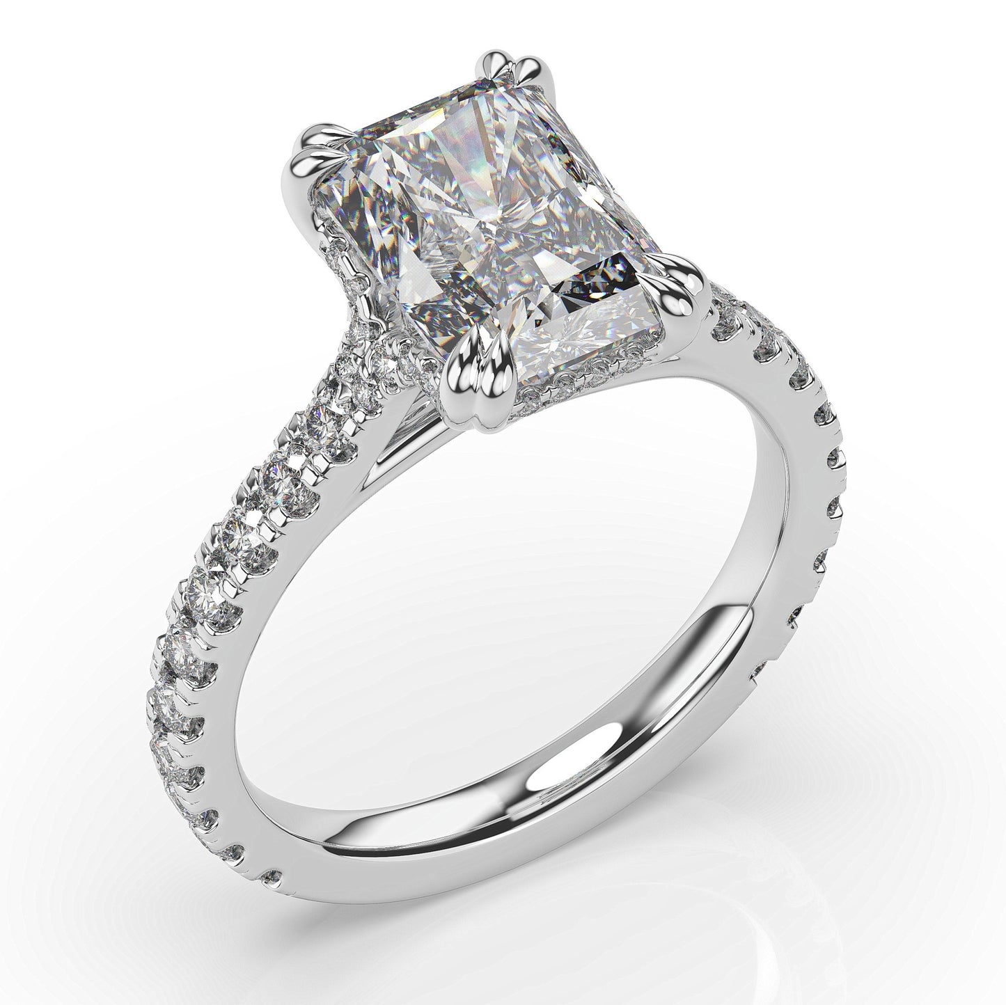 Radiant White Gold Claw Set Hidden Halo Style Engagement Ring