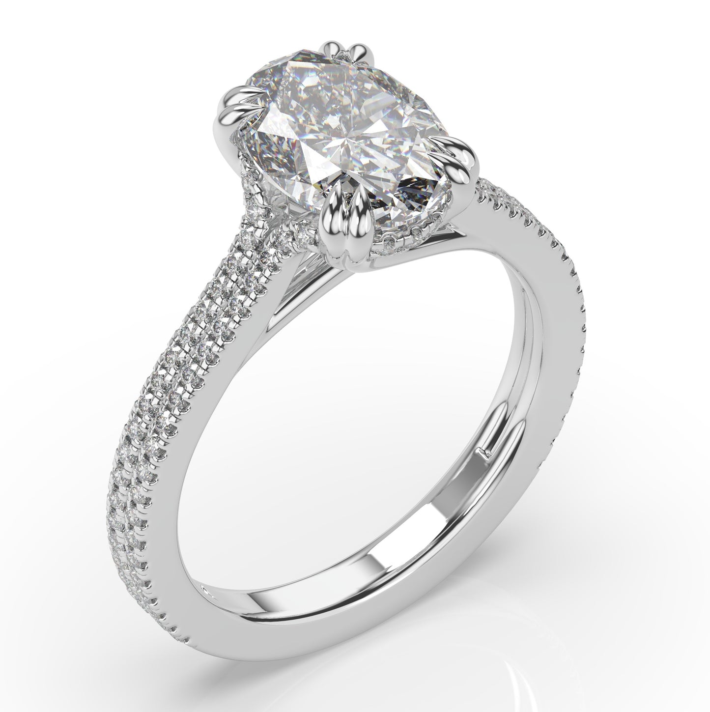 Oval White Gold Double Pave Hidden Halo Style Engagement Ring 