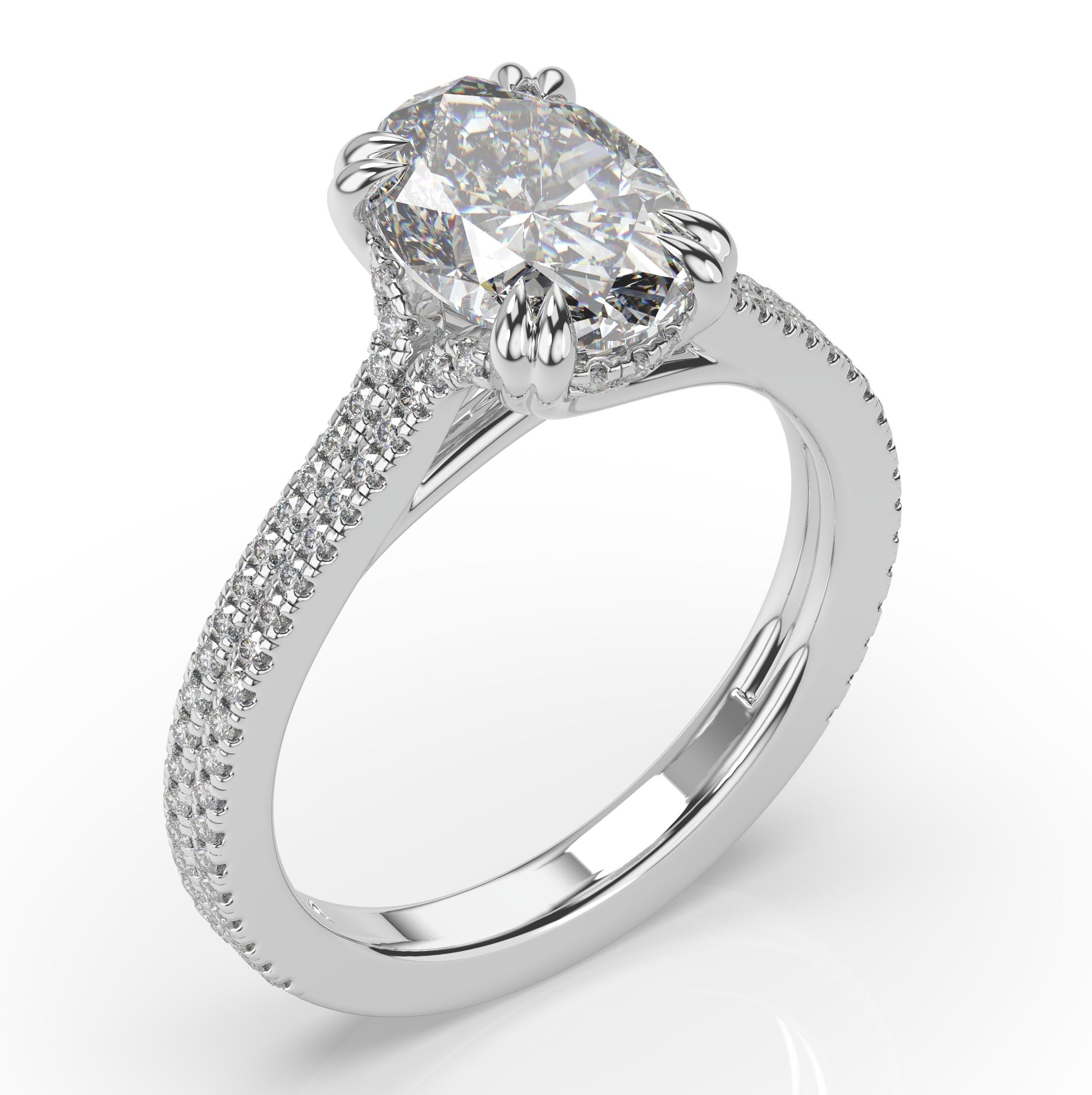 Oval White Gold Double Pave Hidden Halo Style Engagement Ring 