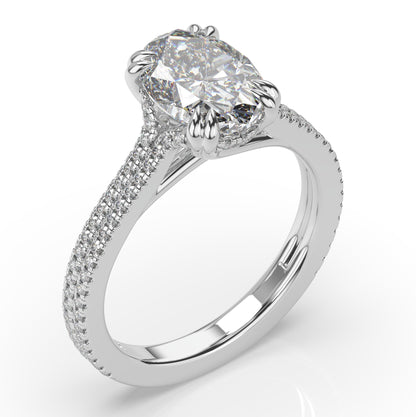 Oval White Gold Double Pave Hidden Halo Style Engagement Ring 