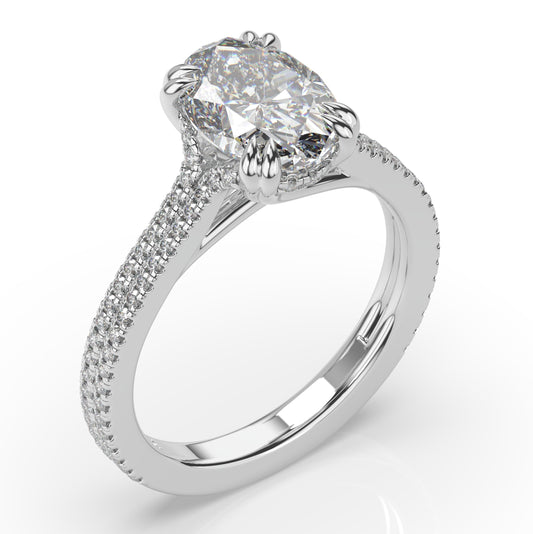Oval White Gold Double Pave Hidden Halo Style Engagement Ring 
