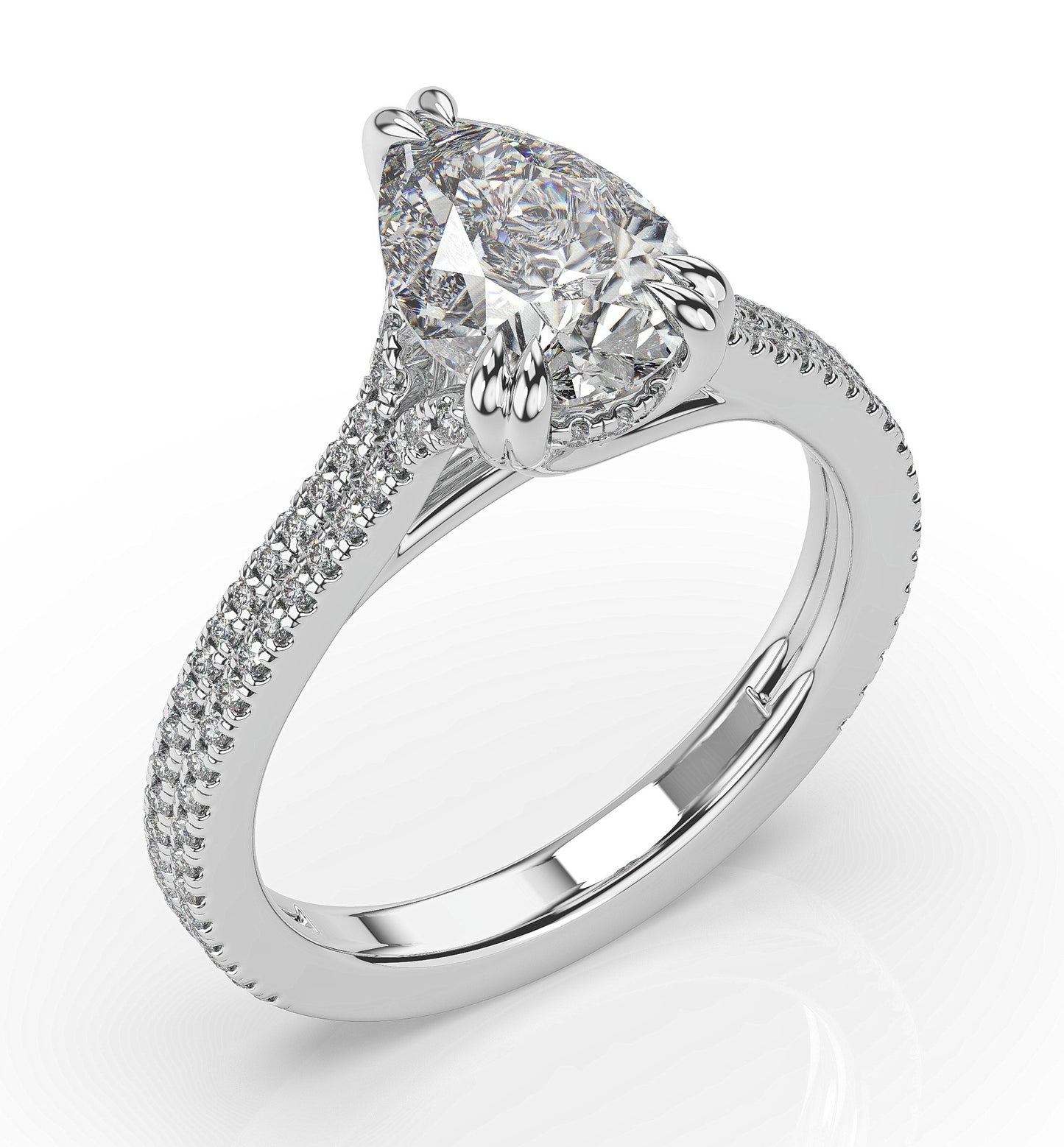 Pear White Gold Double Pave Hidden Halo Style Engagement Ring 