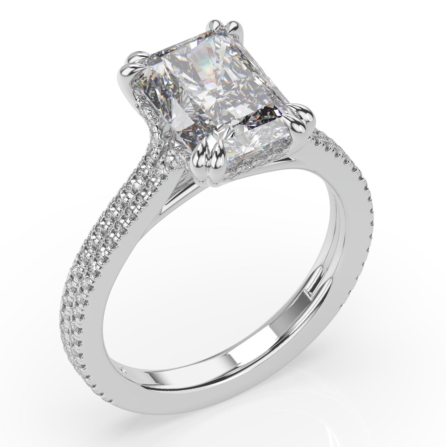Radiant White Gold Double Pave Hidden Halo Style Engagement Ring